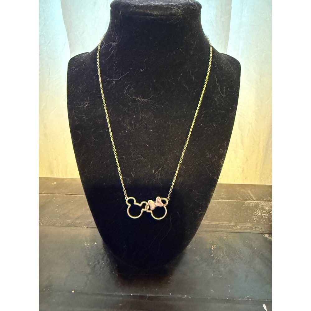 Vintage Disney Minnie Mouse & Mickey Double Hoop Bow Necklace Silver over‎ Brass